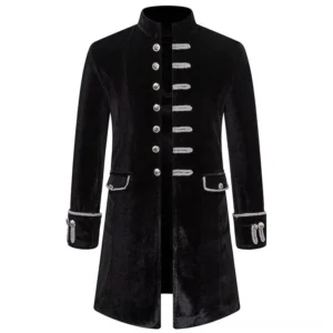 Black velvet steampunk military coat front view with silver braid trims and metal star buttons