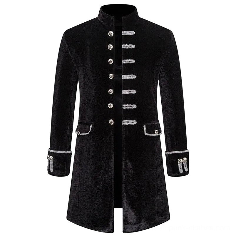 Black velvet steampunk military coat front view with silver braid trims and metal star buttons