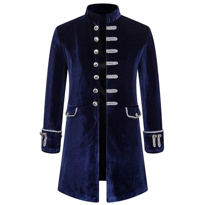 Navy blue velvet steampunk military coat front view with silver braid and metal button stand collar