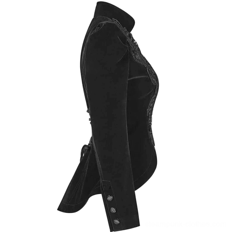 Right side profile of black gothic steampunk jacket showing tailored fitted waist, buttoned cuffs with lace trim, curved hem design, and luxurious velvet texture illumination