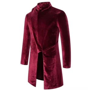 Red steampunk velvet coat side-front angle - tailored silhouette with split front hem detail - studio photography