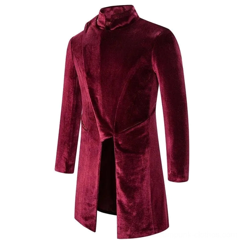 Red steampunk velvet coat side-front angle - tailored silhouette with split front hem detail - studio photography