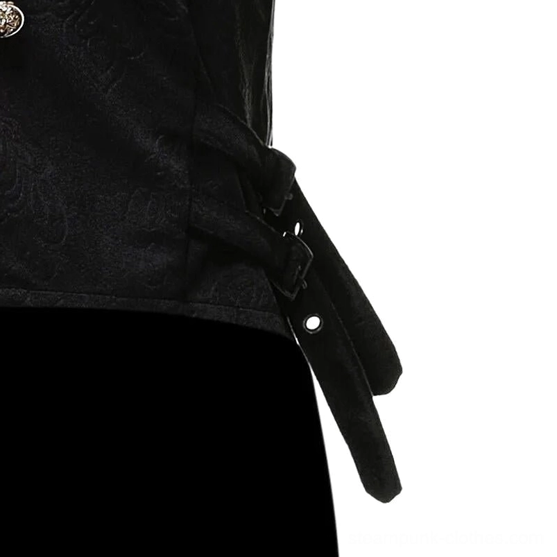 Steampunk vest side strap detail with adjustable buckle closure and jacquard fabric texture