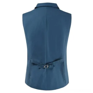 Steampunk vest back view showing adjustable buckle strap and tailored design