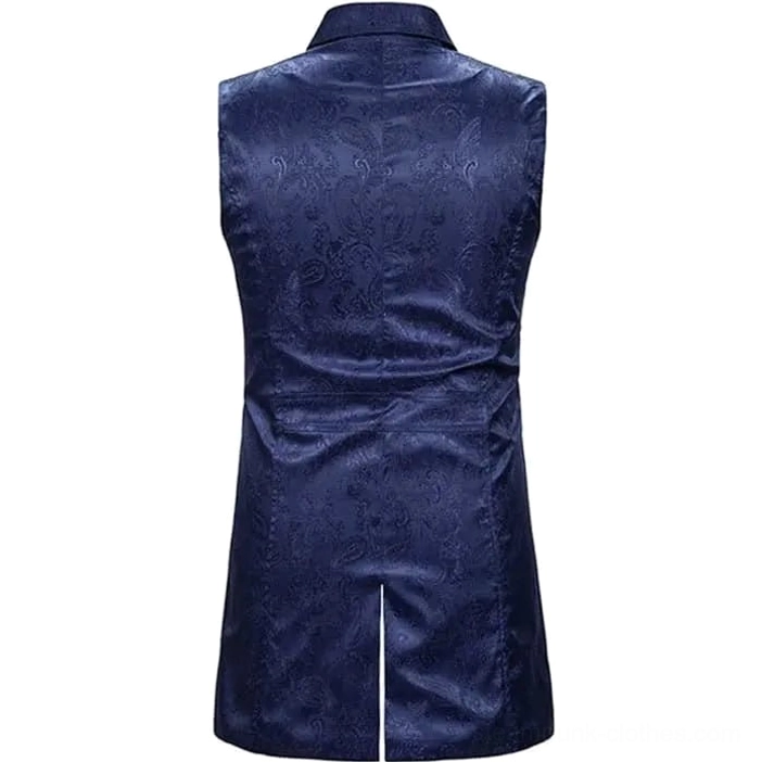 Gothic steampunk vest back view showing split hem detail, matching paisley jacquard texture, and structured silhouette