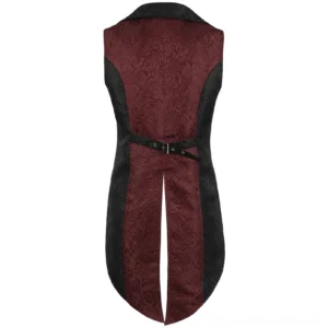 Gothic steampunk vest rear view showing adjustable back waist strap with rectangular metal buckle, central back split hem, wine red jacquard with black side panel accents, tailored silhouette