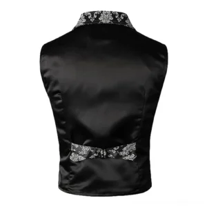 Steampunk vest rear view showing black satin back panel with adjustable waist bow strap, flat lay product shot