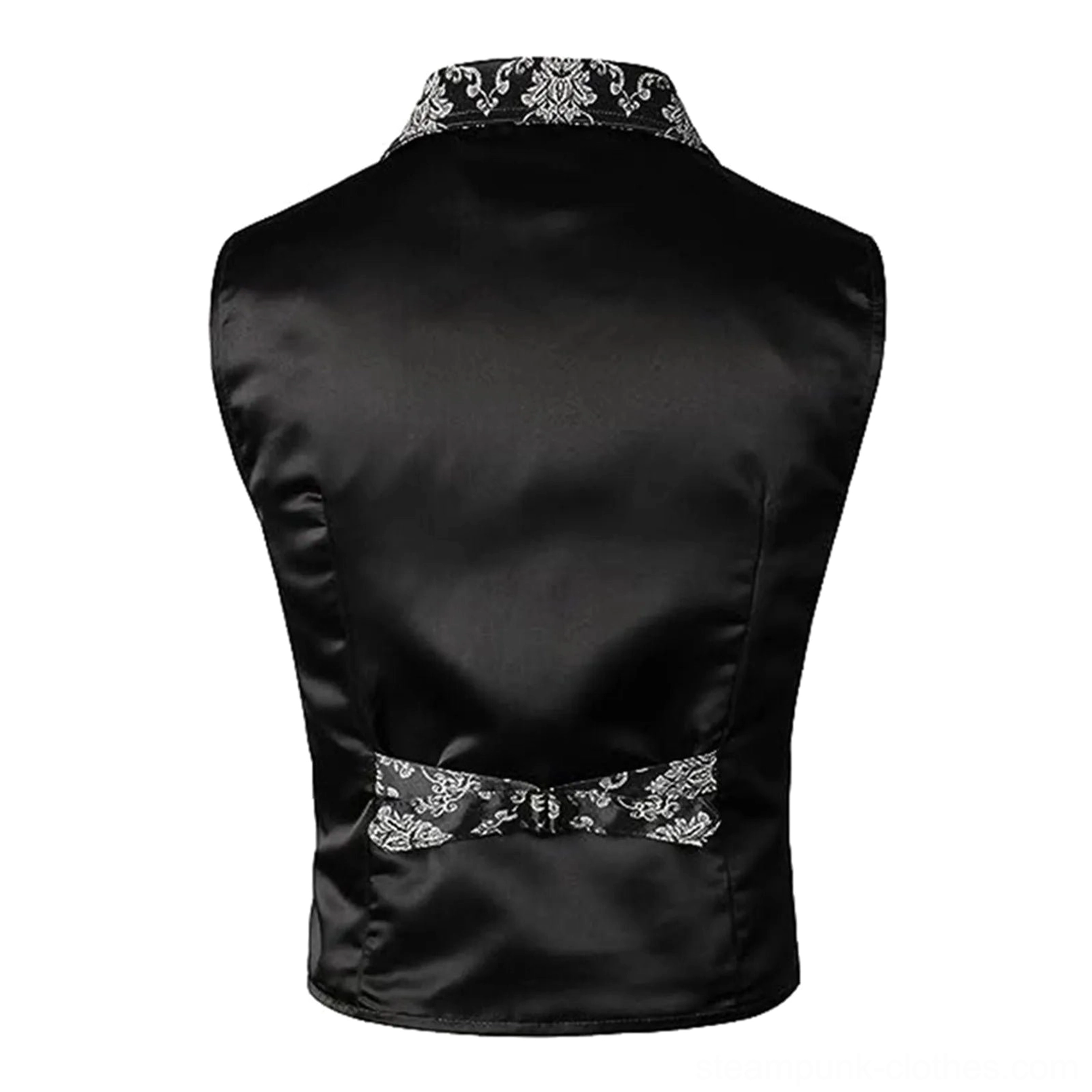 Steampunk vest rear view showing black satin back panel with adjustable waist bow strap, flat lay product shot