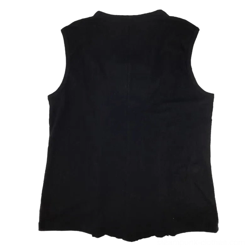 Back view of black steampunk vest showing sleeveless design and matte black fabric finish