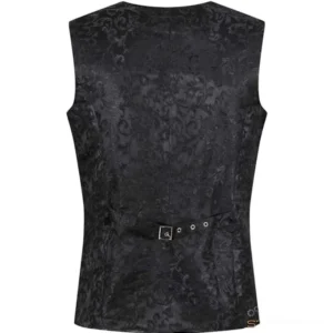 Rear view of steampunk waistcoat showing adjustable back metal buckle strap and matching floral jacquard fabric detail
