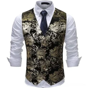 Steampunk vest styled on dress form with white dress shirt and dark blue necktie, formal victorian aesthetic