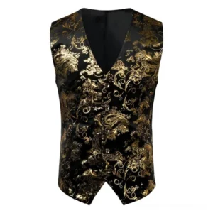 Black and gold steampunk vest with intricate paisley embroidery on black satin fabric, front flat lay display