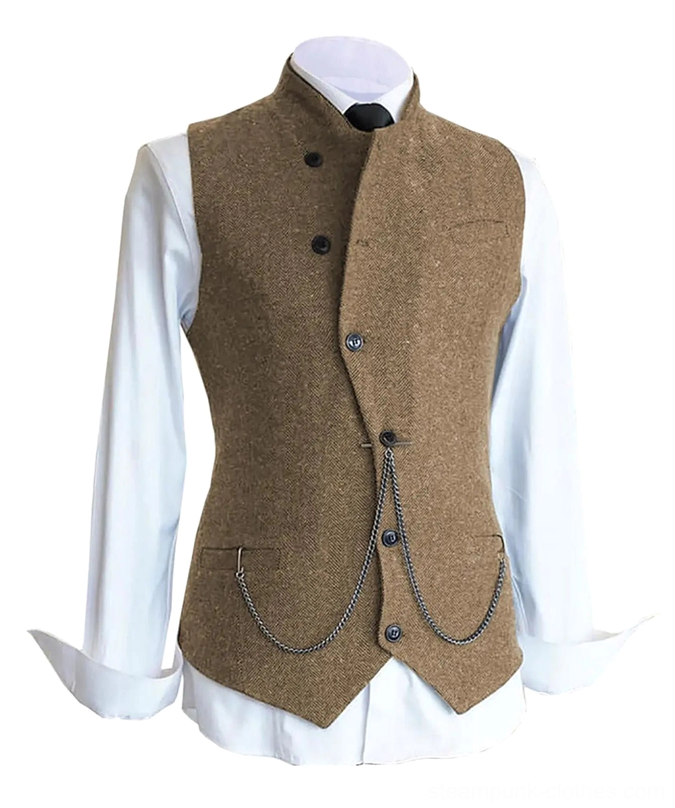 Men's brown tweed steampunk vest with asymmetric placket and metal waist chain on mannequin, front view, steampunk waistcoat Victorian style