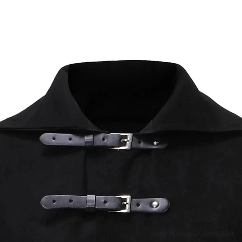 Steampunk vest high collar close-up detail with fold-over neckline and black leather buckles with silver metal hardware