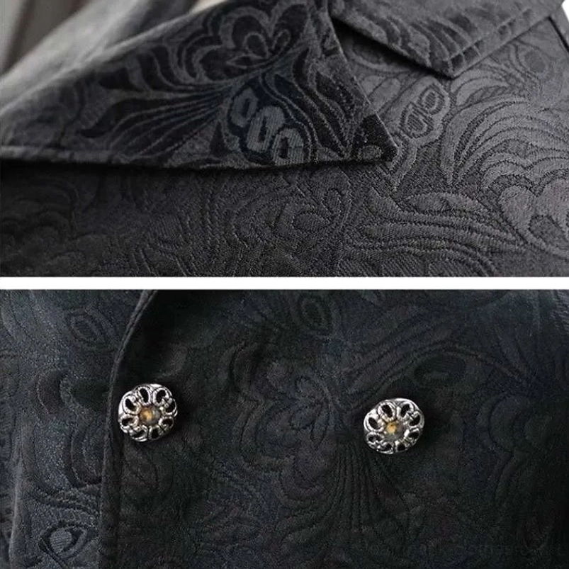 Steampunk waistcoat collar detail with floral jacquard pattern - notched lapel close-up featuring vintage damask textile