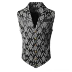 Retro steampunk vest front view with black damask pattern and ornate gold buttons, flat lay product photography
