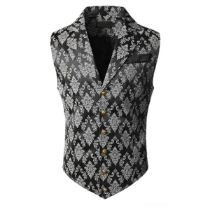 Retro steampunk vest front view with black damask pattern and ornate gold buttons, flat lay product photography