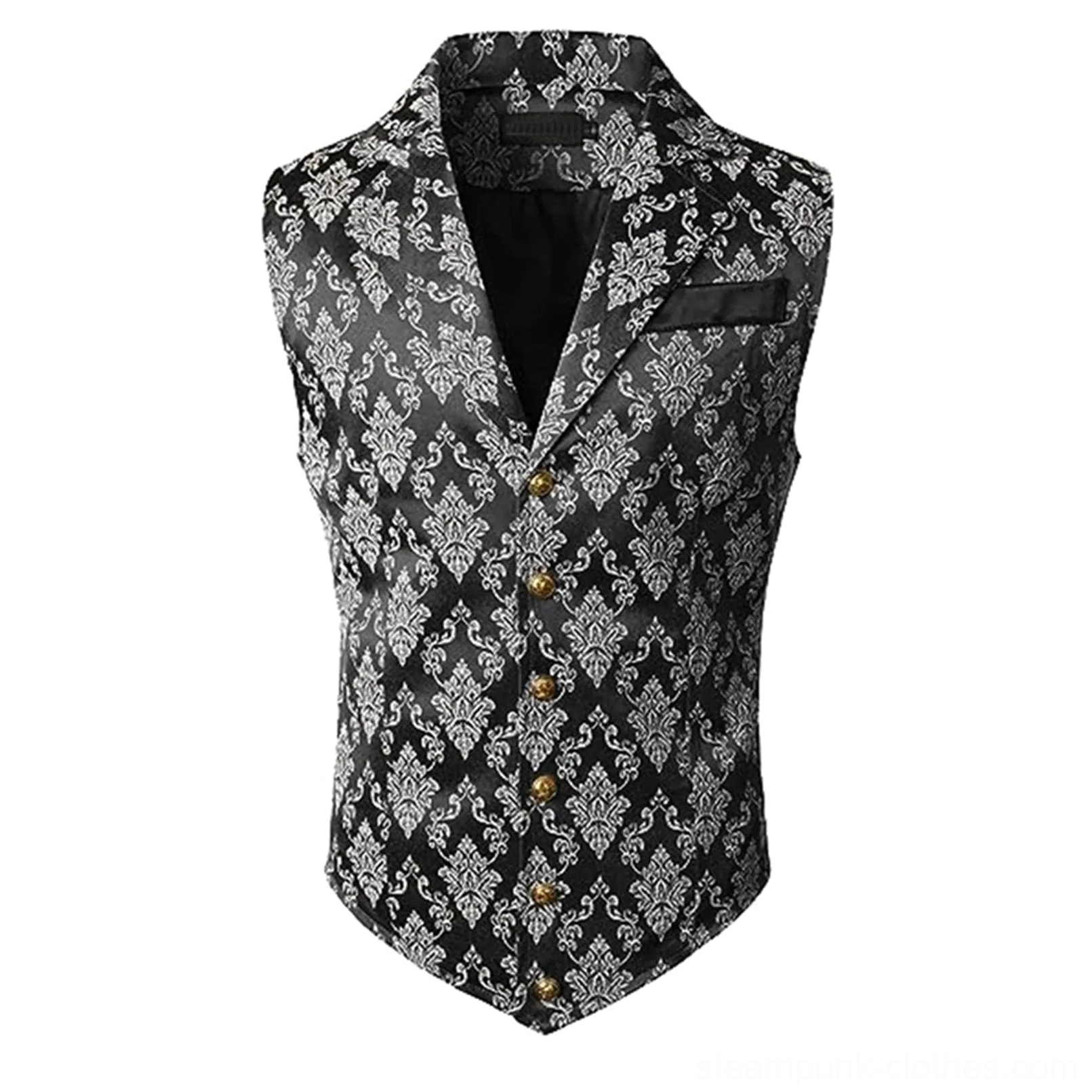 Retro steampunk vest front view with black damask pattern and ornate gold buttons, flat lay product photography