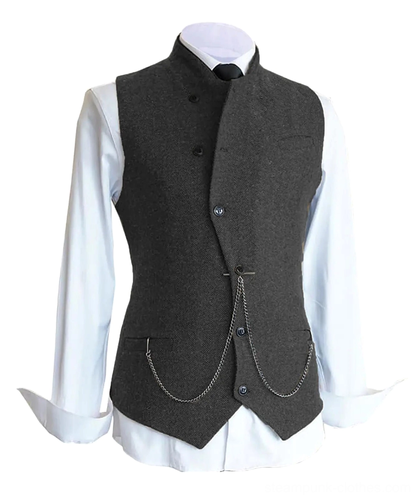 Men's dark grey steampunk vest with industrial metal chain and stand collar on mannequin, steampunk waistcoat alternative fashion