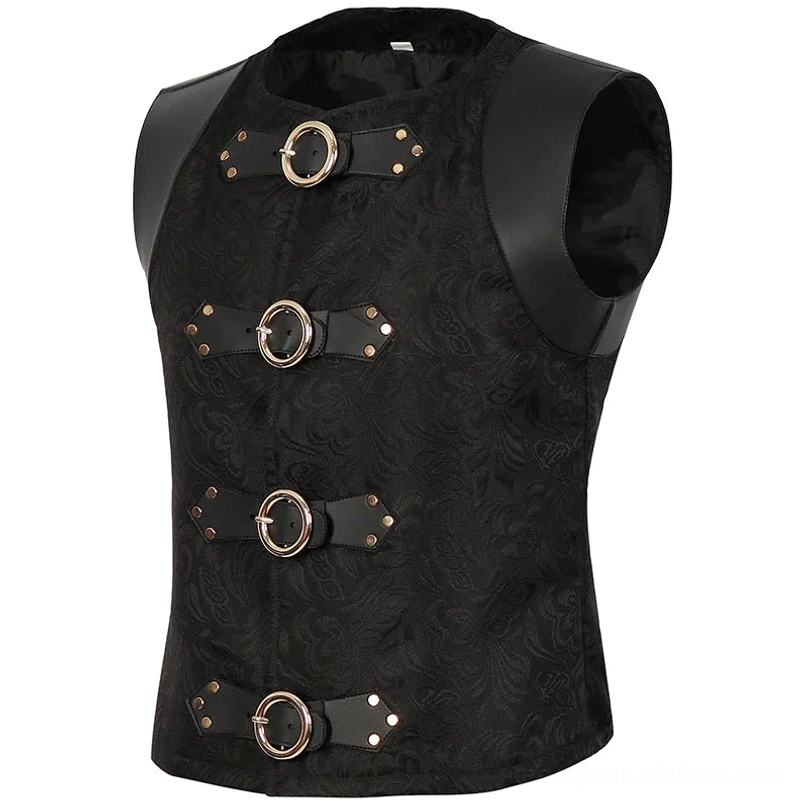 Black steampunk vest three-quarter front angle showing metal buckle details and shoulder construction