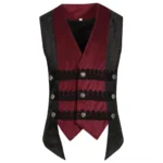 Gothic steampunk velvet vest front view with black lace trim and silver vintage buttons flat lay