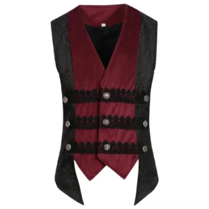 Gothic steampunk velvet vest front view with black lace trim and silver vintage buttons flat lay
