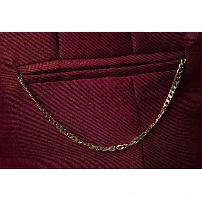 Gold-toned metal chain accent on front pocket flap of steampunk waistcoat, industrial aesthetic detail