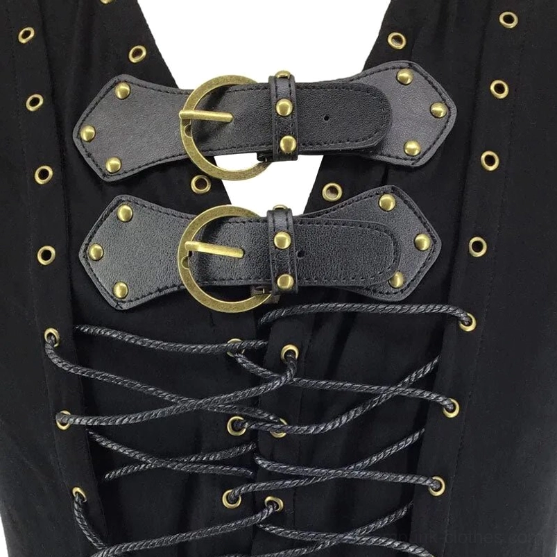 Close-up detail of steampunk vest front lacing, leather buckles and twisted lace cords with bronze eyelets