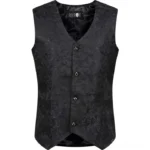 Black jacquard steampunk vest with adjustable back metal buckle strap, front button closure, and V-neck design - frontal flat lay view