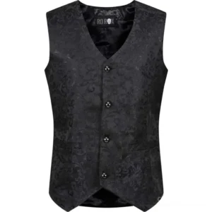 Black jacquard steampunk vest with adjustable back metal buckle strap, front button closure, and V-neck design - frontal flat lay view