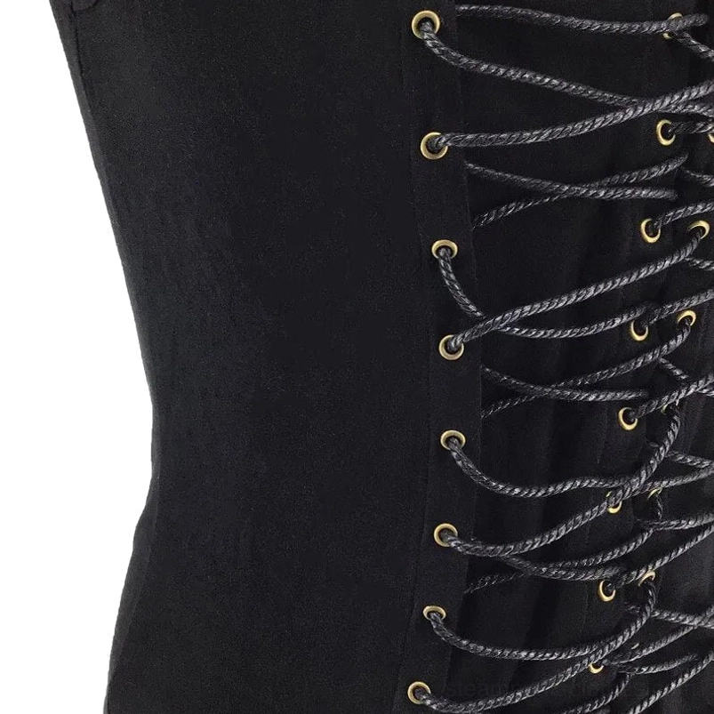 Right side close-up of steampunk vest lace-up section with twisted black lace and bronze eyelets