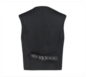 Rear view of steampunk vest highlighting the adjustable leather waist belt with metal buckle closure and structured back design