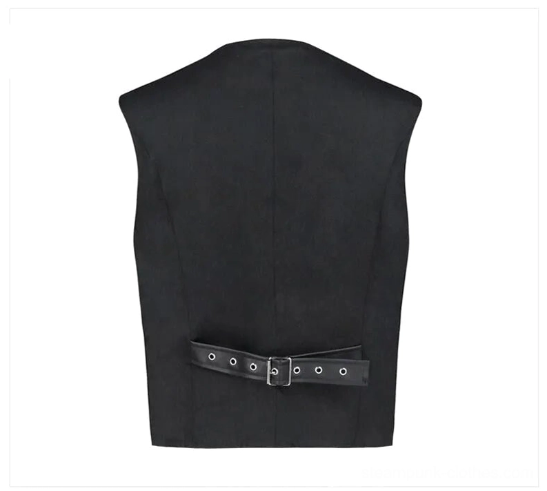 Rear view of steampunk vest highlighting the adjustable leather waist belt with metal buckle closure and structured back design