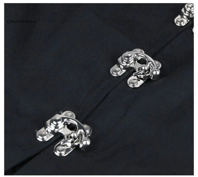 Close-up macro detail of polished silver claw-lock buckles on black steampunk vest fabric, showcasing the precision metalwork and industrial aesthetic