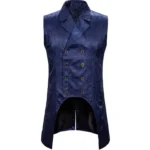Steampunk double-breasted vest with navy paisley jacquard fabric, brass buttons, asymmetrical curved hem, and notched lapel collar - front flat view