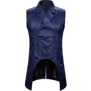 Steampunk double-breasted vest with navy paisley jacquard fabric, brass buttons, asymmetrical curved hem, and notched lapel collar - front flat view
