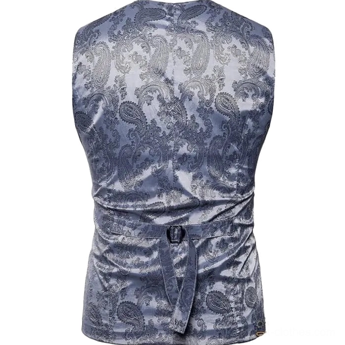 Steampunk vest rear view displaying full paisley pattern and adjustable waist buckle strap