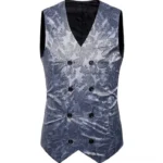 Grey paisley jacquard steampunk vest front view - double-breasted black buttons with pointed hem and V-neck lining