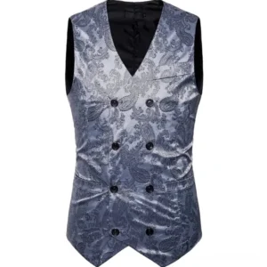 Grey paisley jacquard steampunk vest front view - double-breasted black buttons with pointed hem and V-neck lining
