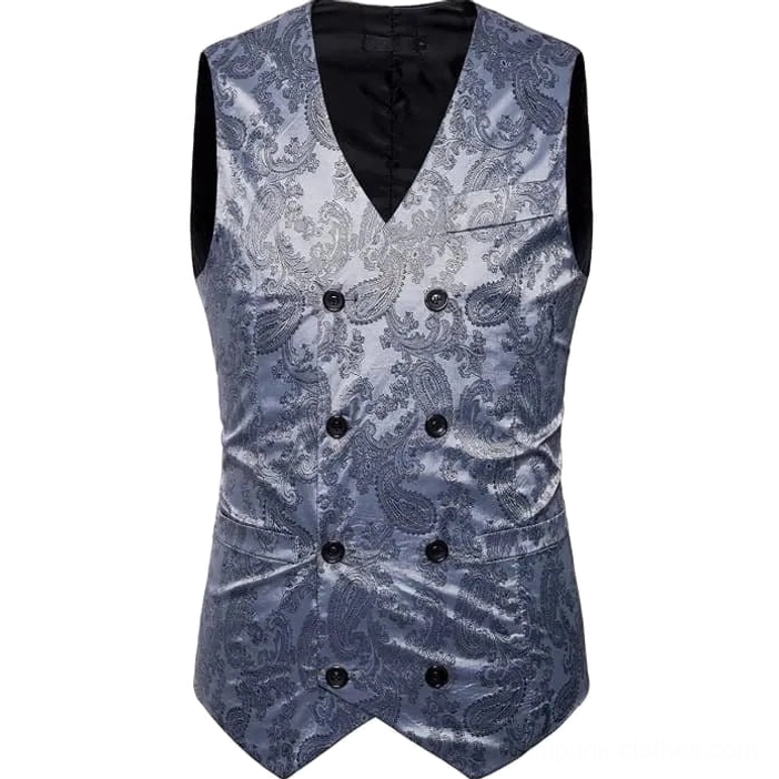 Grey paisley jacquard steampunk vest front view - double-breasted black buttons with pointed hem and V-neck lining