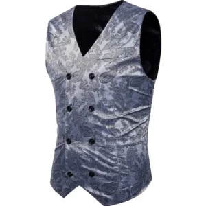 Steampunk vest three-quarter angle showing jacquard fabric texture and button-down collar detail