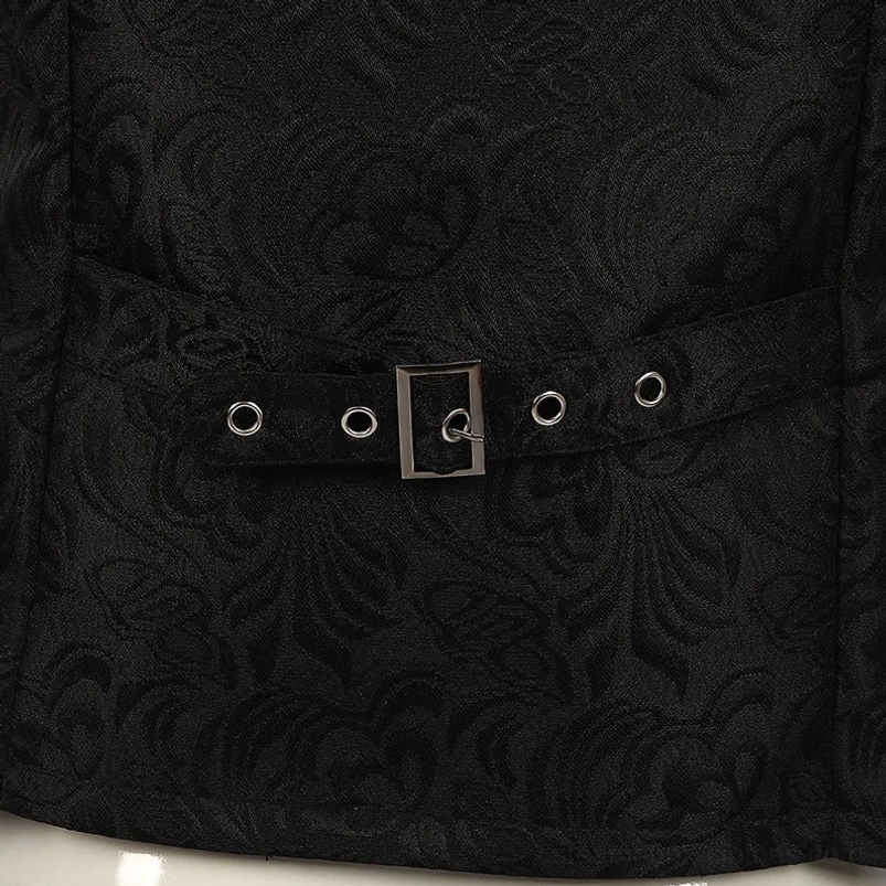 Steampunk vest rear waist adjustment strap with square metal buckle and leather eyelets close-up