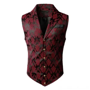 Red jacquard floral damask pattern detail on black satin steampunk vest with gold tone buttons and breast pocket