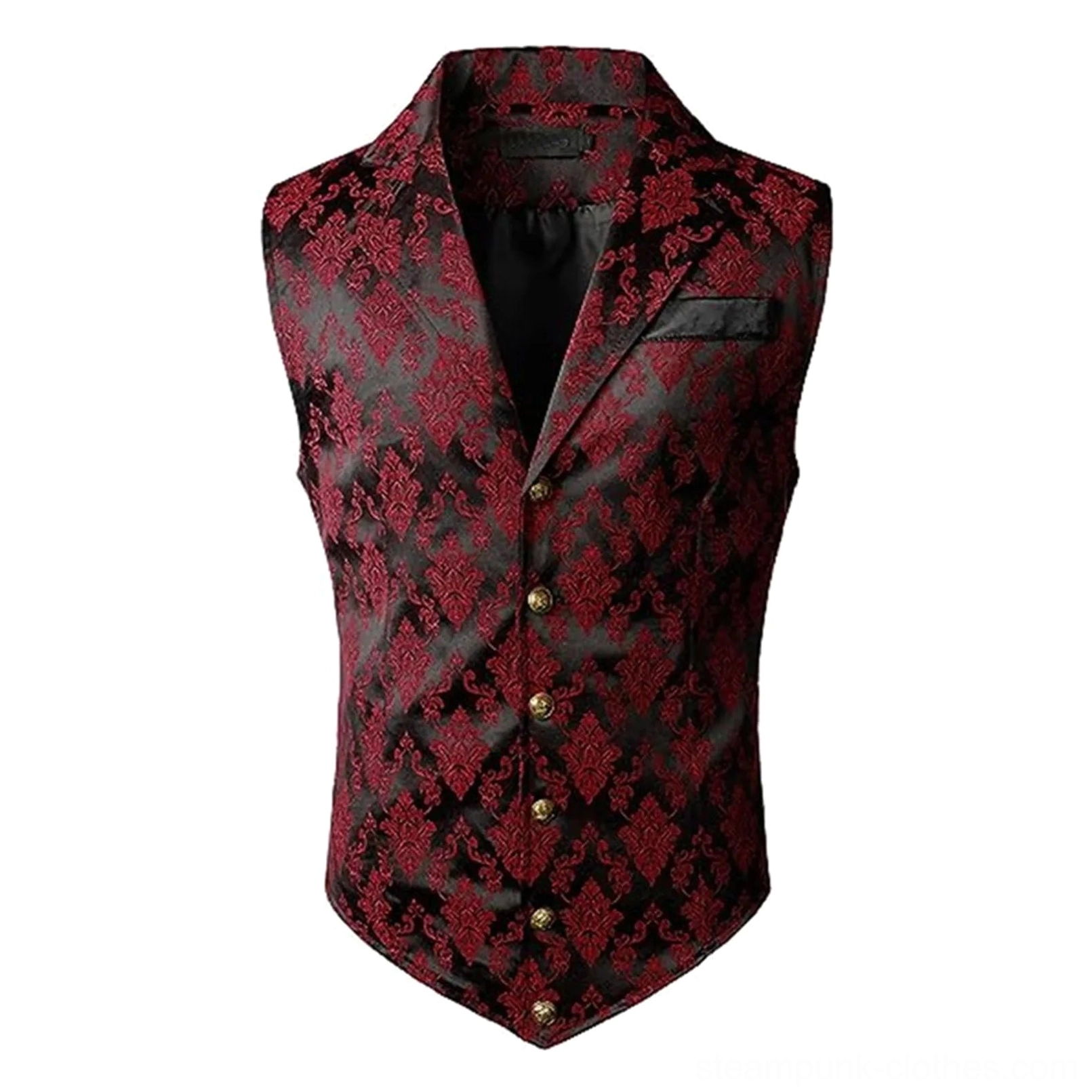 Red jacquard floral damask pattern detail on black satin steampunk vest with gold tone buttons and breast pocket