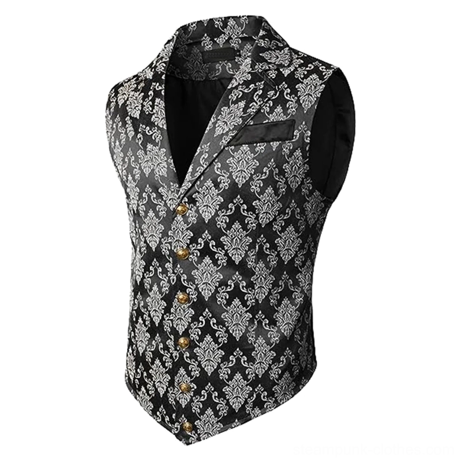 Steampunk vest side-front three quarter view showing sleeveless tailored fit and full front button closure