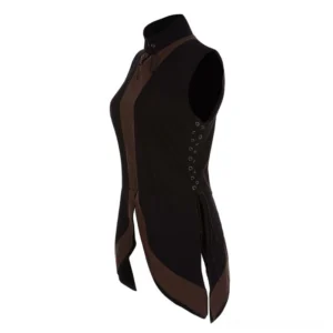 Steampunk medieval vest left side view showing fitted silhouette, side lace-up grommet details with metal eyelets, and strategic lacing construction