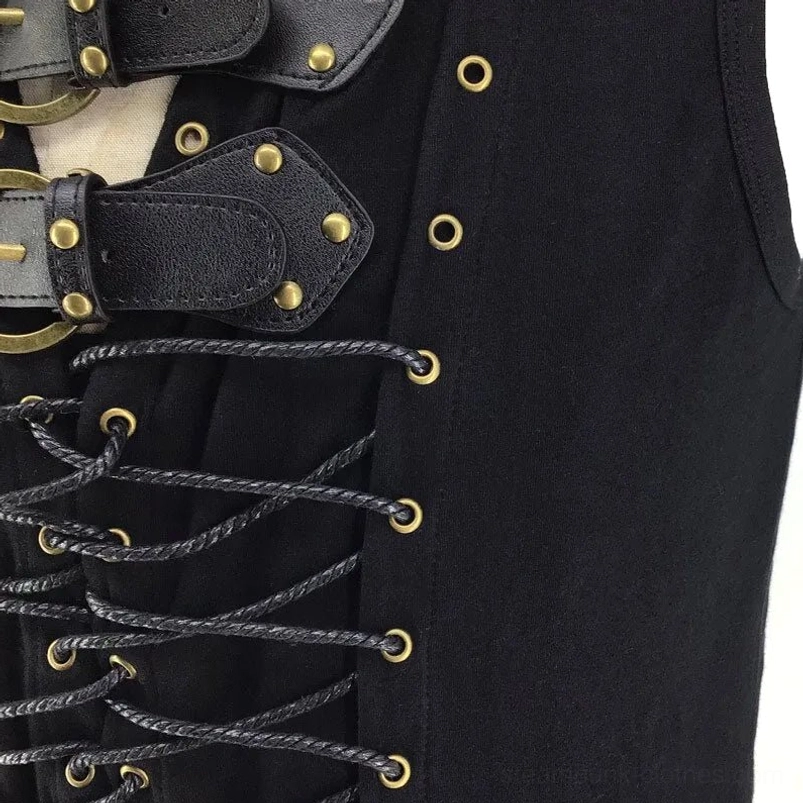 Detailed side view of steampunk vest showing bronze eyelets and rivet leather strap construction