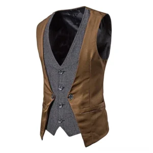 Victorian steampunk vest three-quarter side view displaying exposed armhole, button front detail, and black inner lining contrast on white studio background