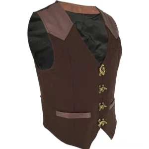 Steampunk vest three-quarter side view showing silhouette, leather pocket bands, and partial inner lining detail