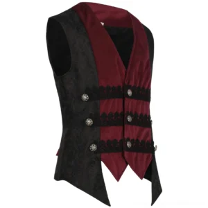 Steampunk velvet vest three-quarter side angle showing shawl collar and slim tailored fit